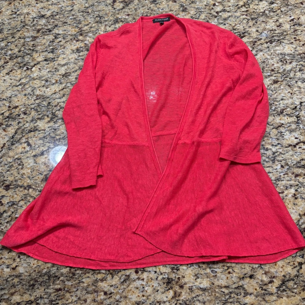 Eileen Fisher Coral Pink Open Front Cardigan XS 3/4 Sleeve Lightweight Knit ws
